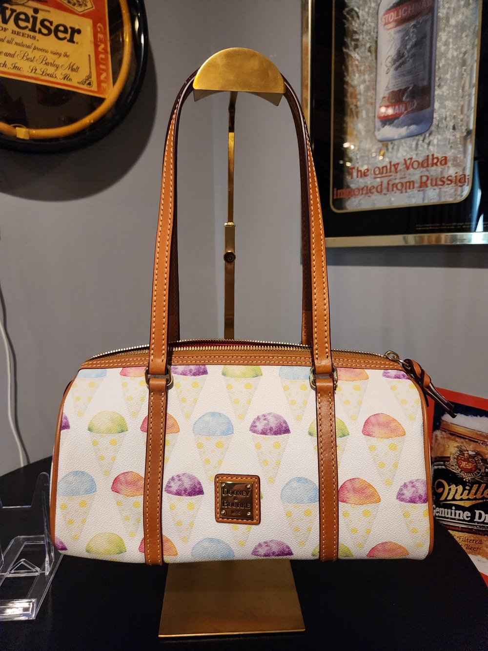 Dooney & Bourke White Canvas Sno Cone Print Satchel with Tan Trim